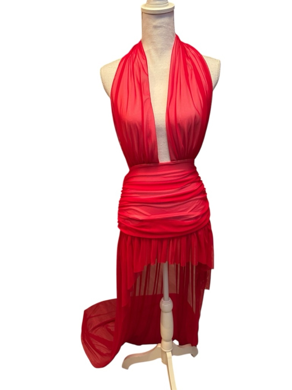 Norma Kamali Hi Low Halter Dress in Tiger Red - Picture 3 of 7